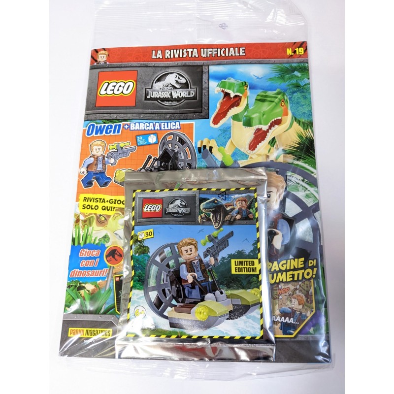 LEGO JURASSIC WORLD MAGAZINE 19 IN ITALIANO + POLYBAG OWEN CON BARCA A ELICA