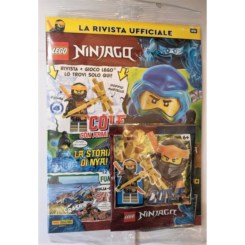 LEGO NINJAGO RIVISTA MAGAZINE NR. 49 IN ITALIANO + POLYBAG COLE CON ARMI  DORATE COLLANA PANINI BLOCKS 4 20 OTTOBRE O22