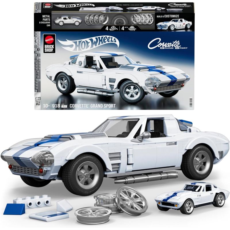 Mattel Brick Shop Hot Wheels,set da costruire, Corvette Grand Sport, 918 pezzi