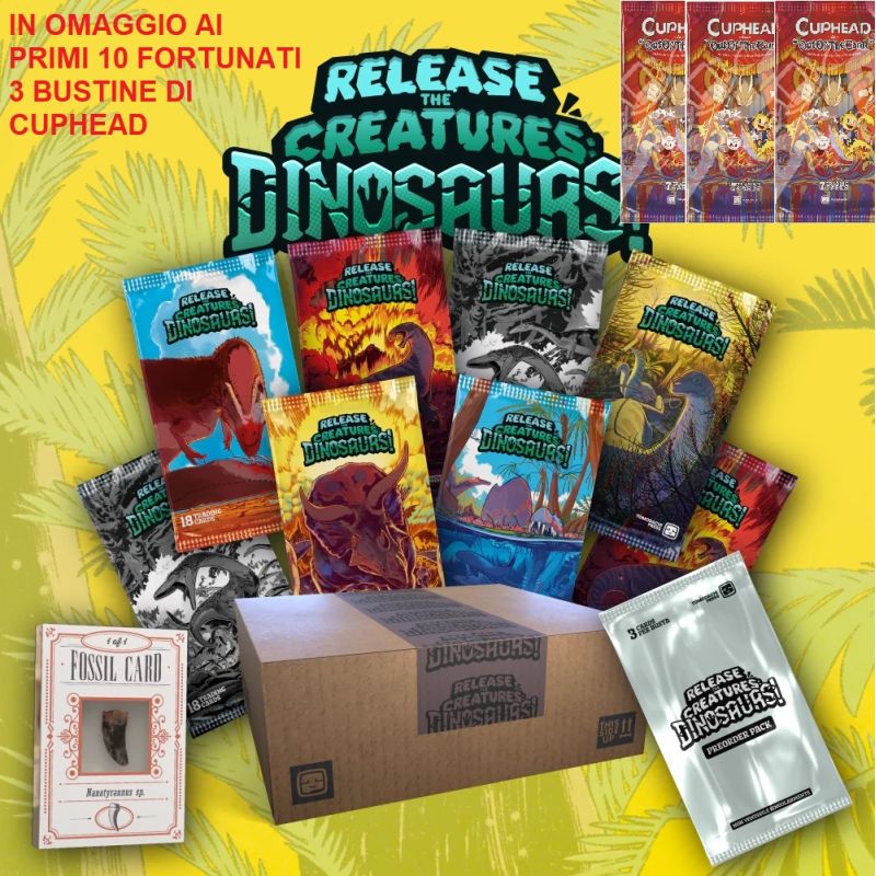 Release The Creatures: DINOSAURS! BOX 8 BUSTE BY DARIO MOCCIA 144 CARTE TOMODACHI PRESS + OMAGGIO CUPHEAD